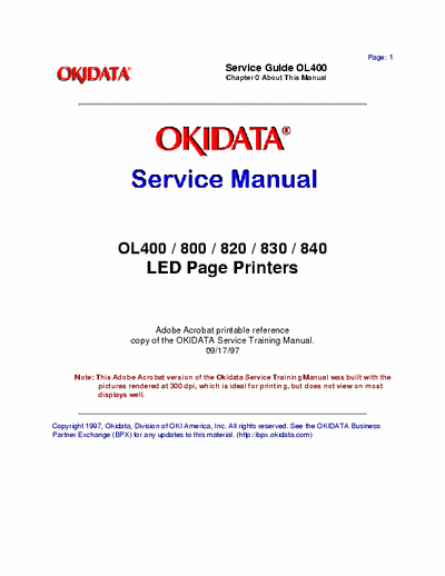 Oki OL400 OL400 / 800 / 820 / 830 / 840
LED Page Printers Service Manual